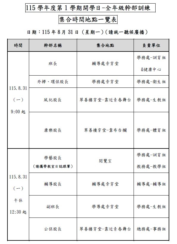幹部訓練時間地點一覽表