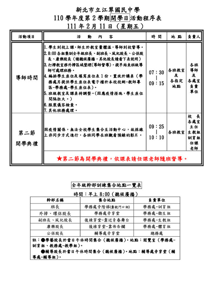 ★新北市立江翠國民中學 110 學年度第 2 學期開學日活動程序表★