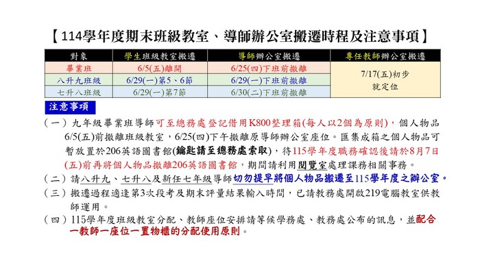 114學年度期末班級教室、導師辦公室搬遷時程及注意事項