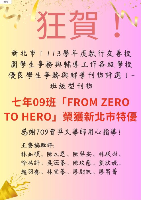 【狂賀!!】本校809班參加113學年度友善校園學生事務與輔導刊物-國中組班級刊物評選榮獲新北市特優!圖片