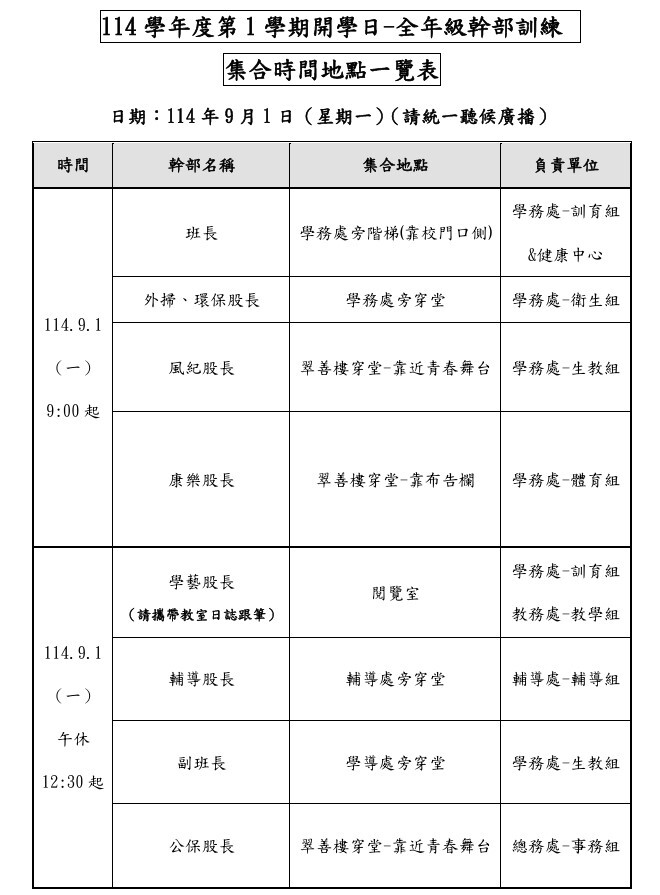 【公告】新北市立江翠國民中學114學年度第1學期開學日9月1日（一)活動程序表及幹部訓練集合時間地點一覽表圖片